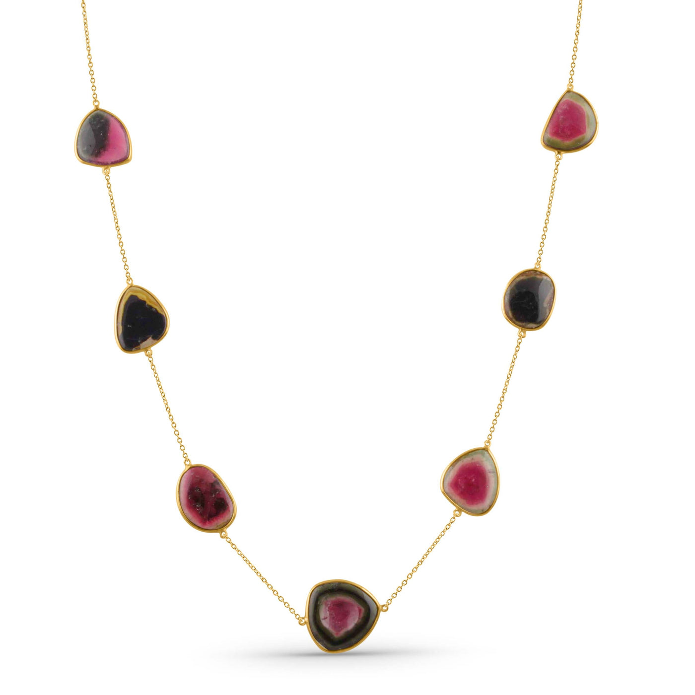 Watermelon Tourmaline Unshape Necklace With 18 Kt Gold