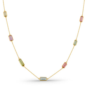 Gold necklace with rectangular gemstones on a white background 18K gold multicolor gemstone necklace flatlay – luxury fine jewelry by Tresor Collection