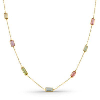 Gold necklace with rectangular gemstones on a white background 18K gold multicolor gemstone necklace flatlay – luxury fine jewelry by Tresor Collection