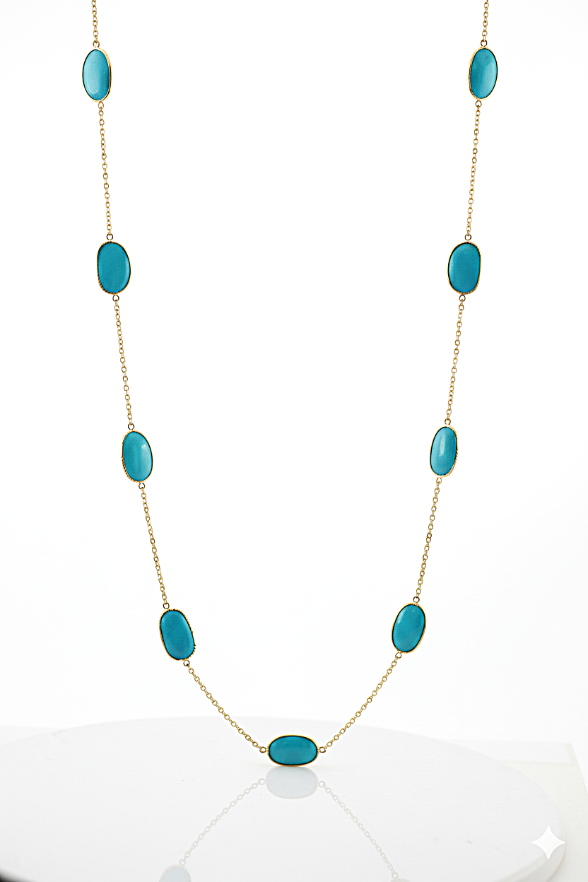 Turquoise stone necklace on a white background