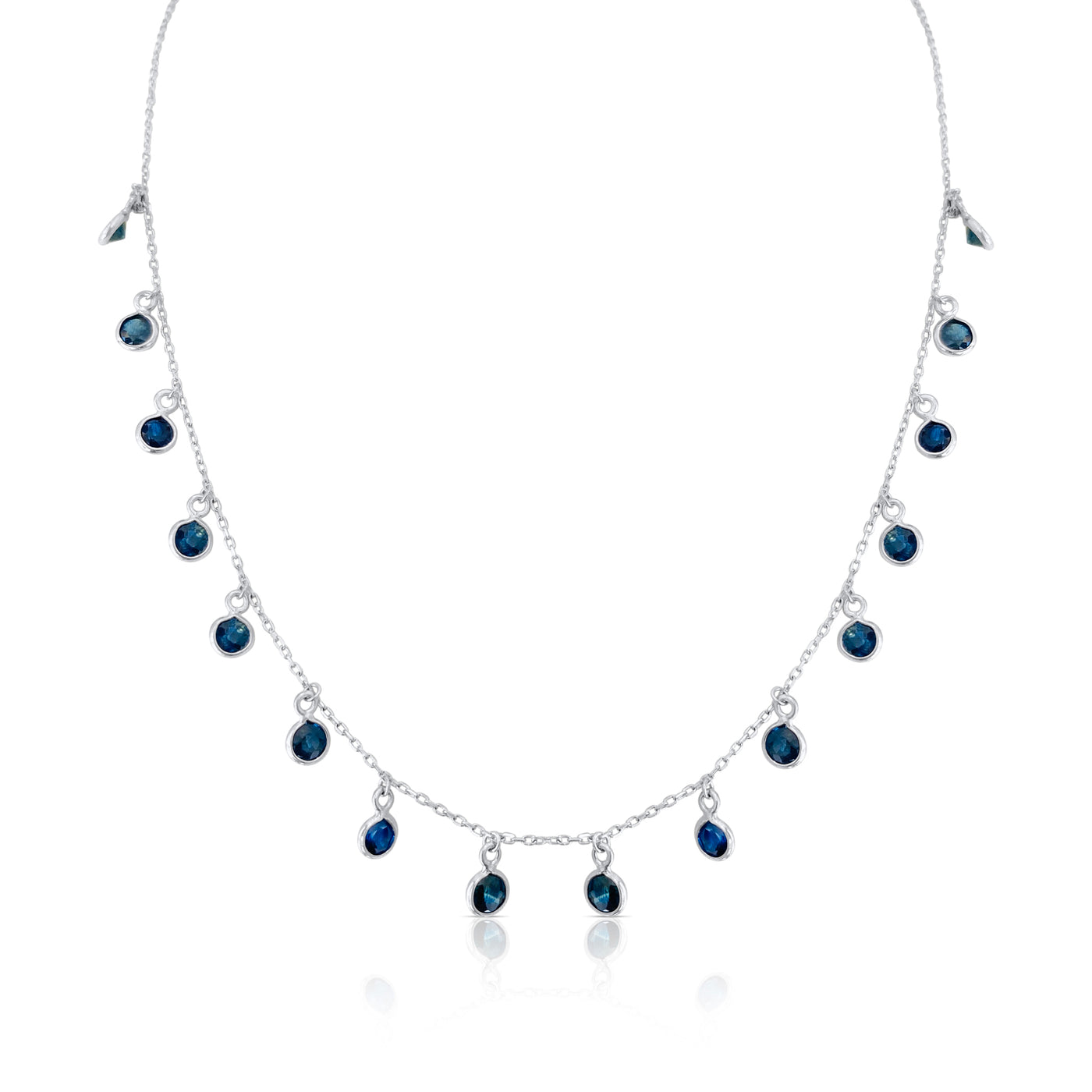Blue Sapphire Round Dangle Necklace In 18K White Gold