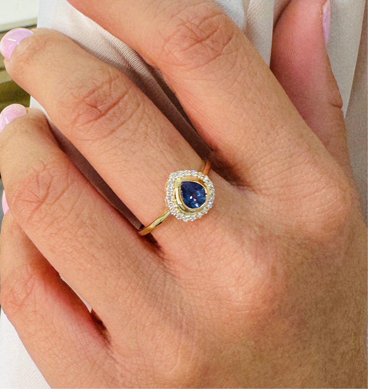 Blue Sapphire Pear Shape Ring In 18K Yellow Gold