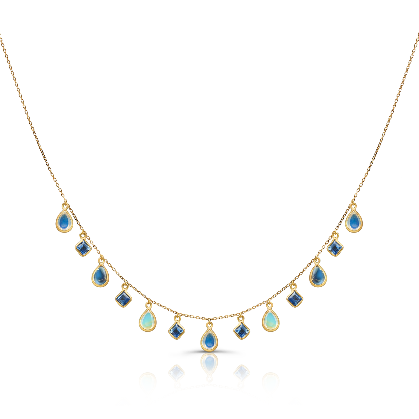 Blue Sapphire Square And Rainbow Moonstone Pear Shape Necklace In 18K Yellow Gold