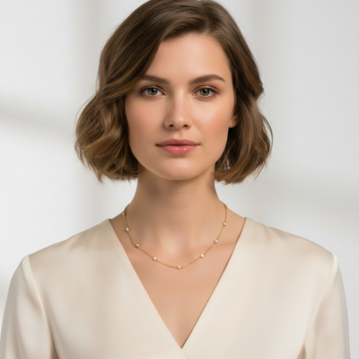 Woman wearing a beige top and gold necklace against a light background