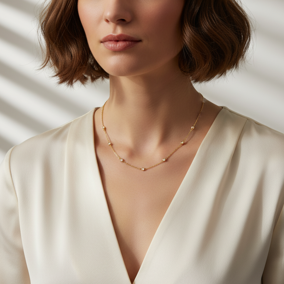Woman wearing a gold necklace with a plain background