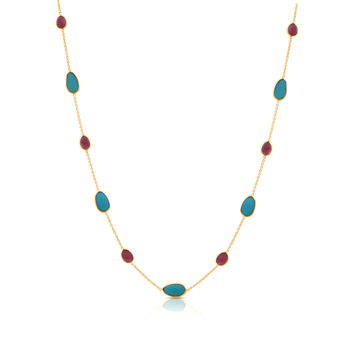Ruby & Turquoise Unshape Necklace 18k Yellow Gold