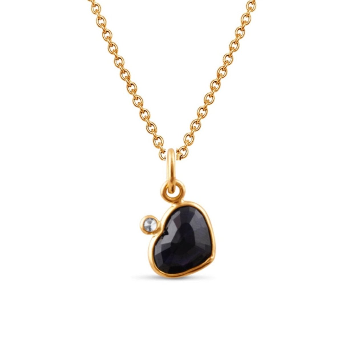 18K Gold Dark Purple Spinel & Diamond Heart Pendant – Flora Collection 18K gold black sapphire heart pendant necklace flatlay – handcrafted fine jewelry by Tresor Collection