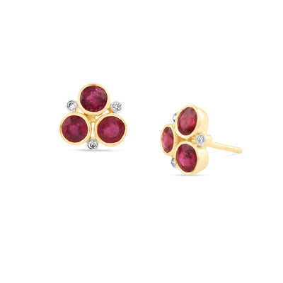 Ruby Round And Diamond (Stud) Earring In 18K Yellow Gold