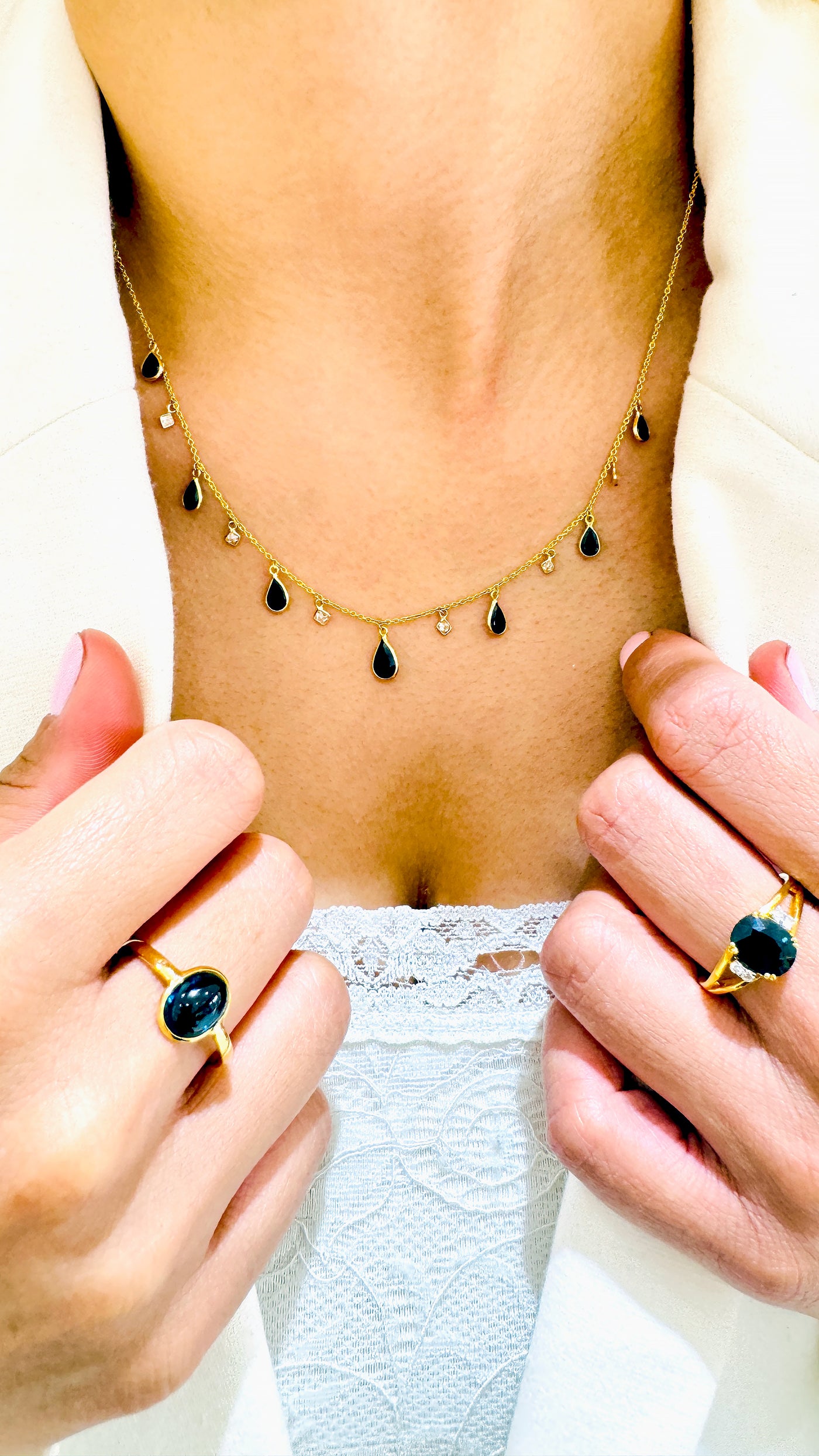 Blue Sapphire ring styled with matching necklace – coordinated luxury gemstone jewelry set