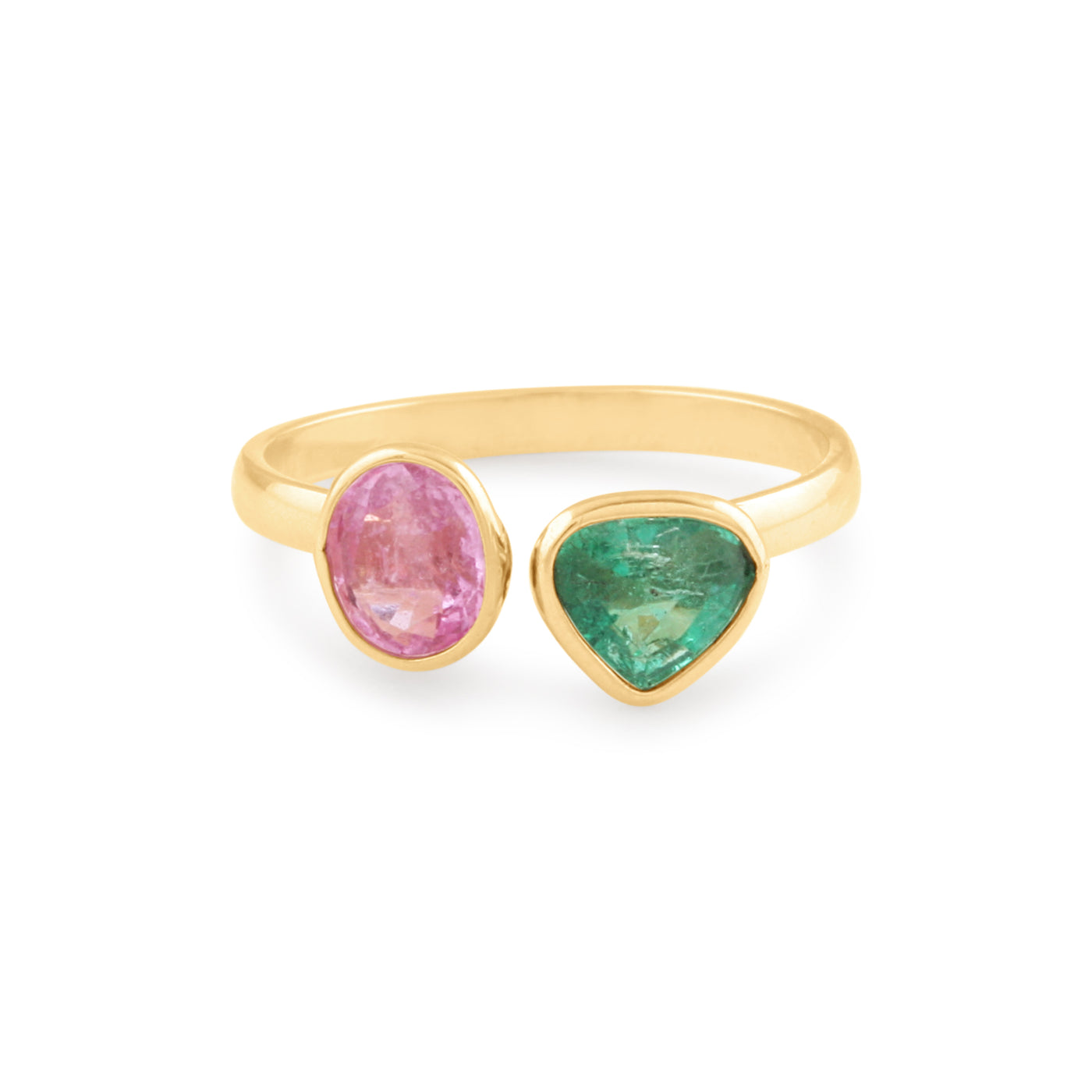 Emerald Triangle & Pink Tourmaline Oval Ring In 18K Yellow Gold
