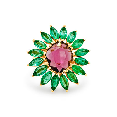 Emerald Marquise & Rhodolite Unshape Ring In 18K Yellow Gold