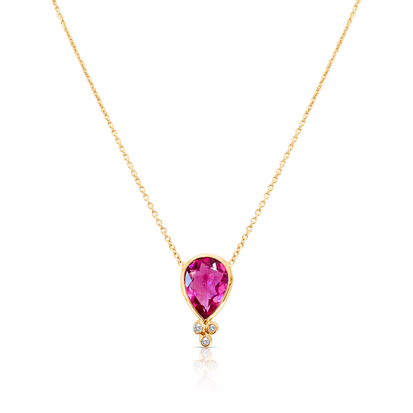 Pink Tourmaline Pear Shape & Diamond Necklace In 18K Yellow Gold