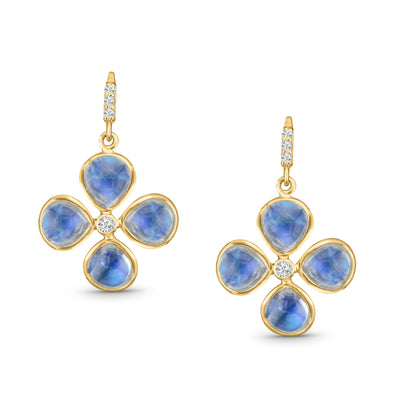 18K Gold Rainbow Moonstone & Diamond Tabiz Earrings – Flora Collection 18K gold clover earrings with blue sapphires and diamonds flatlay – handcrafted luxury jewelry by Tresor Collection