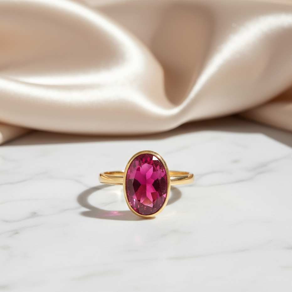 Pink tourmaline gold ring resting on marble with satin fabric – elegant luxury jewelry design