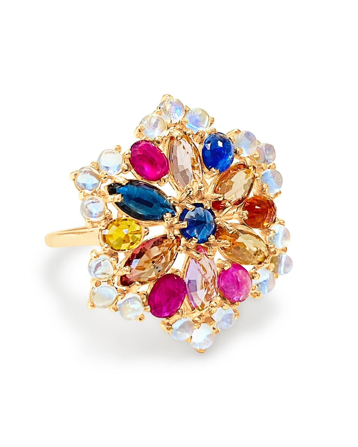 18K Gold Multicolor Gemstone Ring by Tresor Collection 18K gold multicolor gemstone cluster ring flatlay – handcrafted jewelry with sapphire, ruby, and moonstone by Tresor Collection