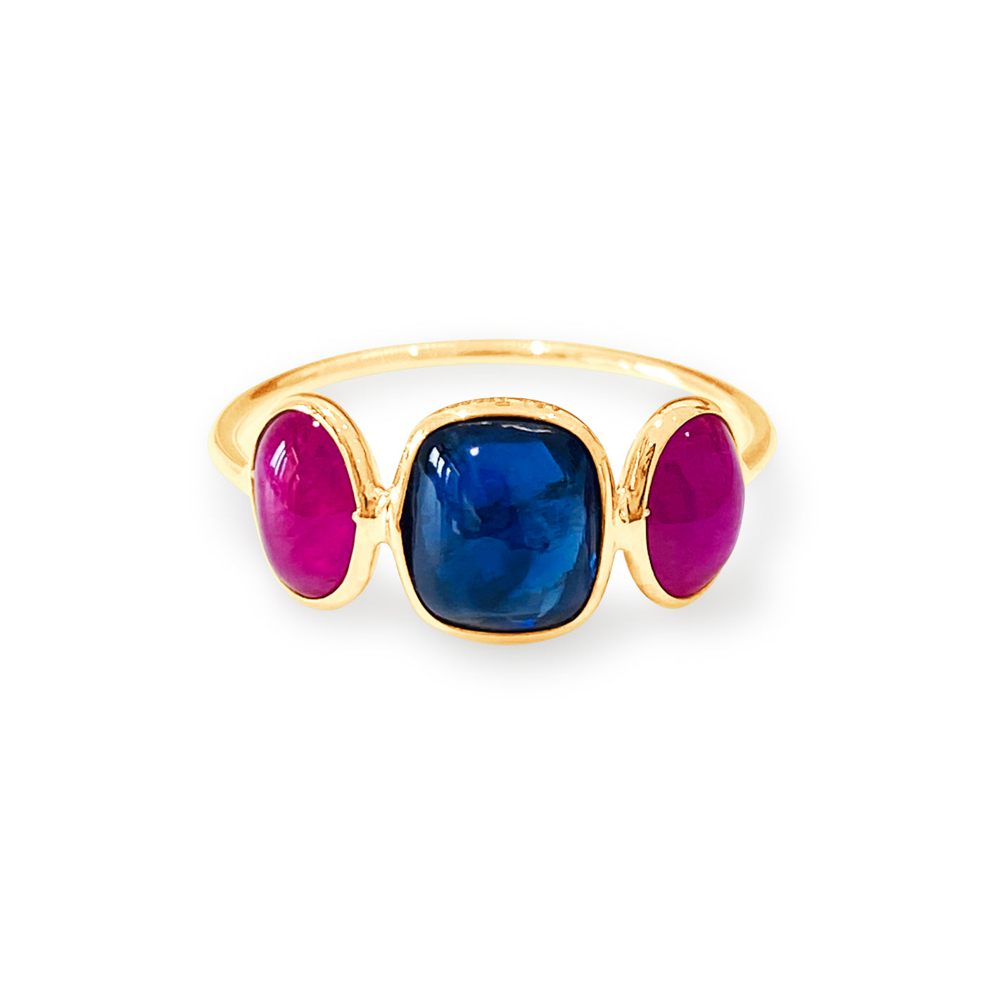 Blue Sapphire Rectangle & Ruby Oval Ring In 18K Yellow Gold