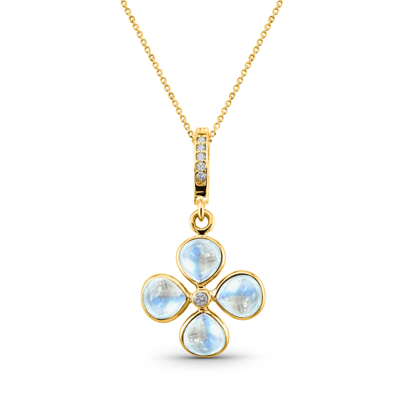 18K Gold Rainbow Moonstone & Diamond Pendant – Tresor Collection 18K gold Rainbow Moonstone pendant necklace flatlay – elegant handcrafted jewelry by Tresor Collection