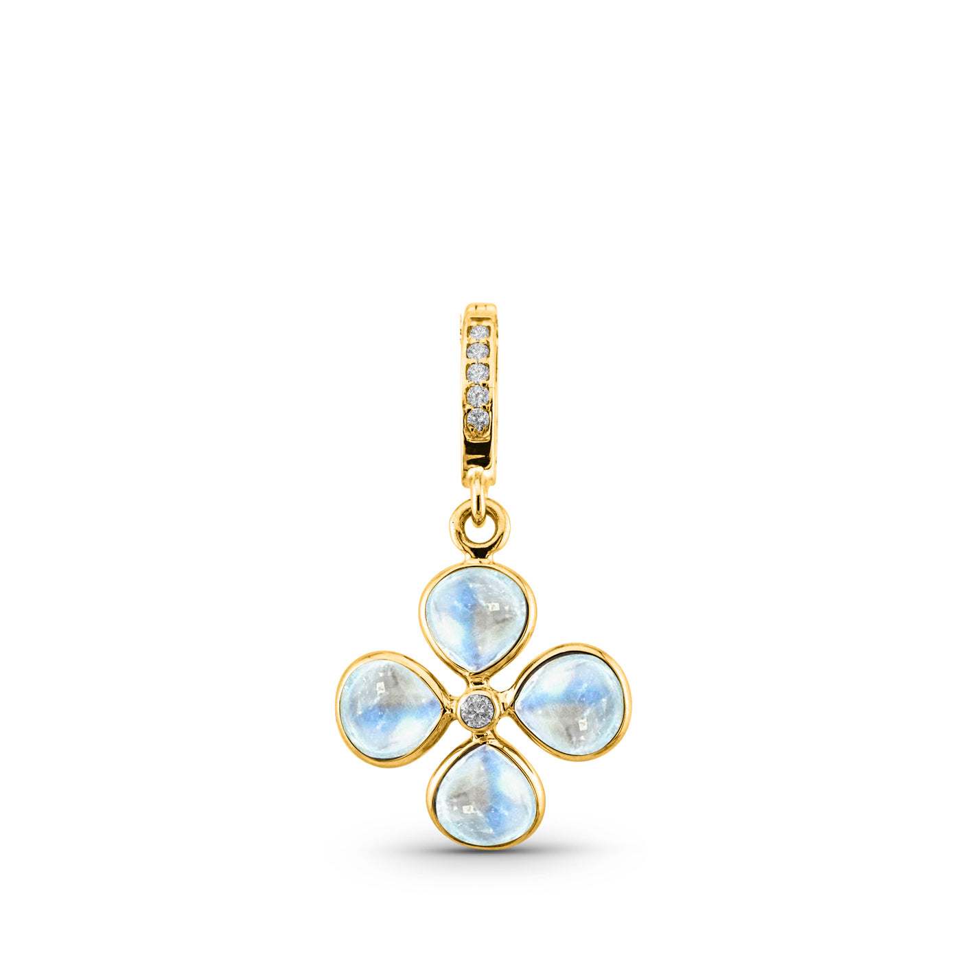 Rainbow Moonstone & Diamond Four Leaf Clover Pendant In 18K Yellow Gold - Tresor Collection 18K gold Rainbow Moonstone pendant – artisanal clover design by Tresor Collection