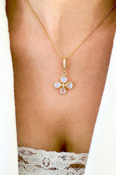 Rainbow Moonstone & Diamond Four Leaf Clover Pendant In 18K Yellow Gold - Tresor Collection Close-up of model wearing gold Rainbow Moonstone pendant necklace – radiant handcrafted fine jewelry