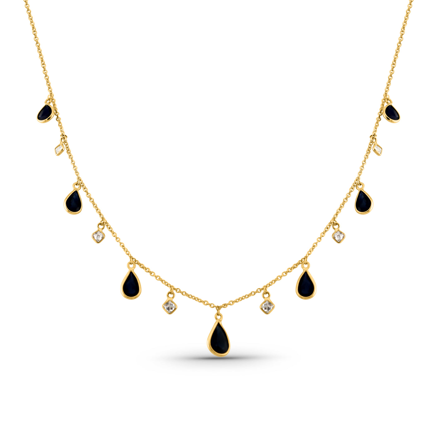 Blue Sapphire Pear Shape & Diamond Square Necklace In 18K Yellow Gold