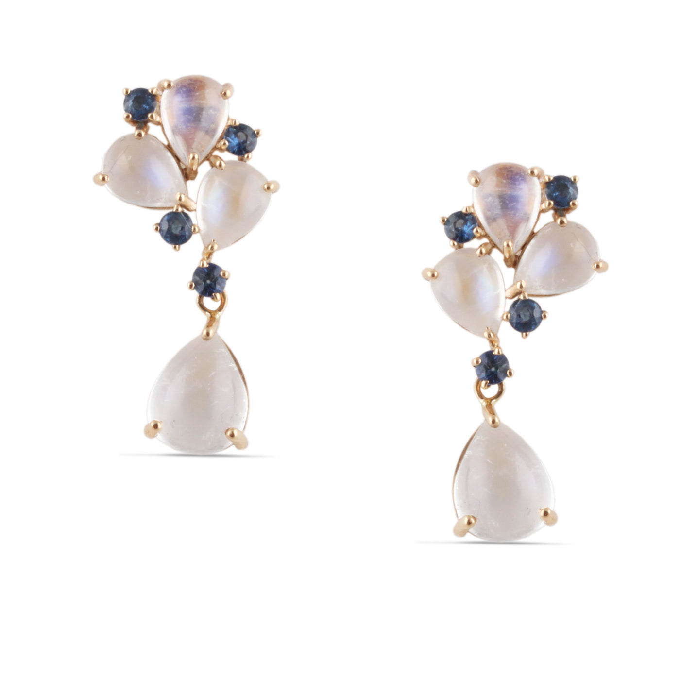 Blue Sapphire Round & Rainbow Moonstone Pear Shape Earring In 18 Kt Yellow Gold