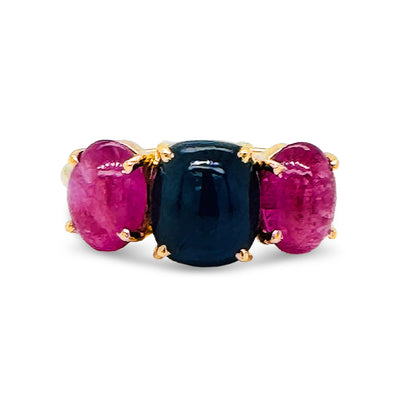 Blue Sapphire & Ruby Oval Ring In 18K Yellow Gold