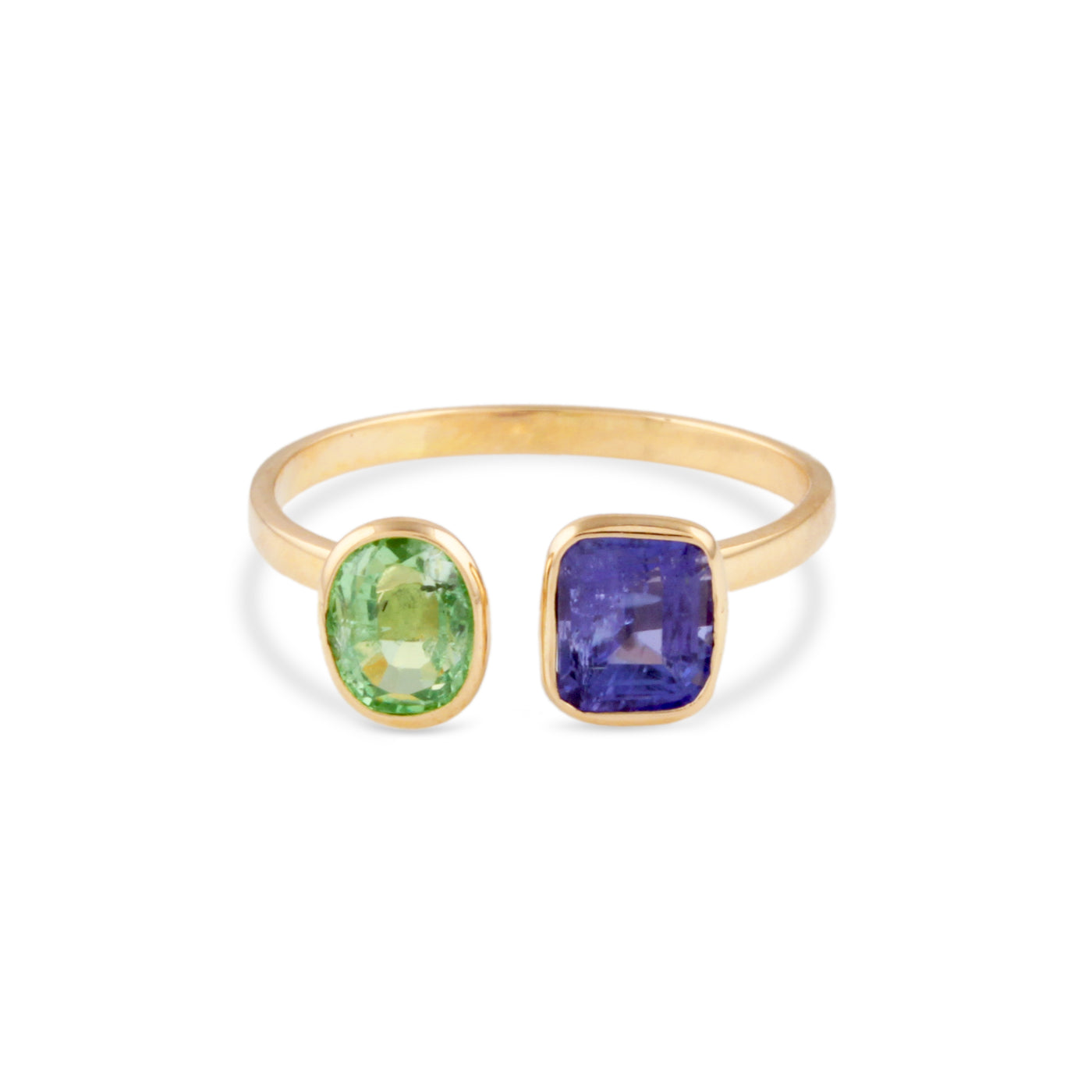 Emerald Oval & Tanzanite Square Ring In 18K Yellow Gold