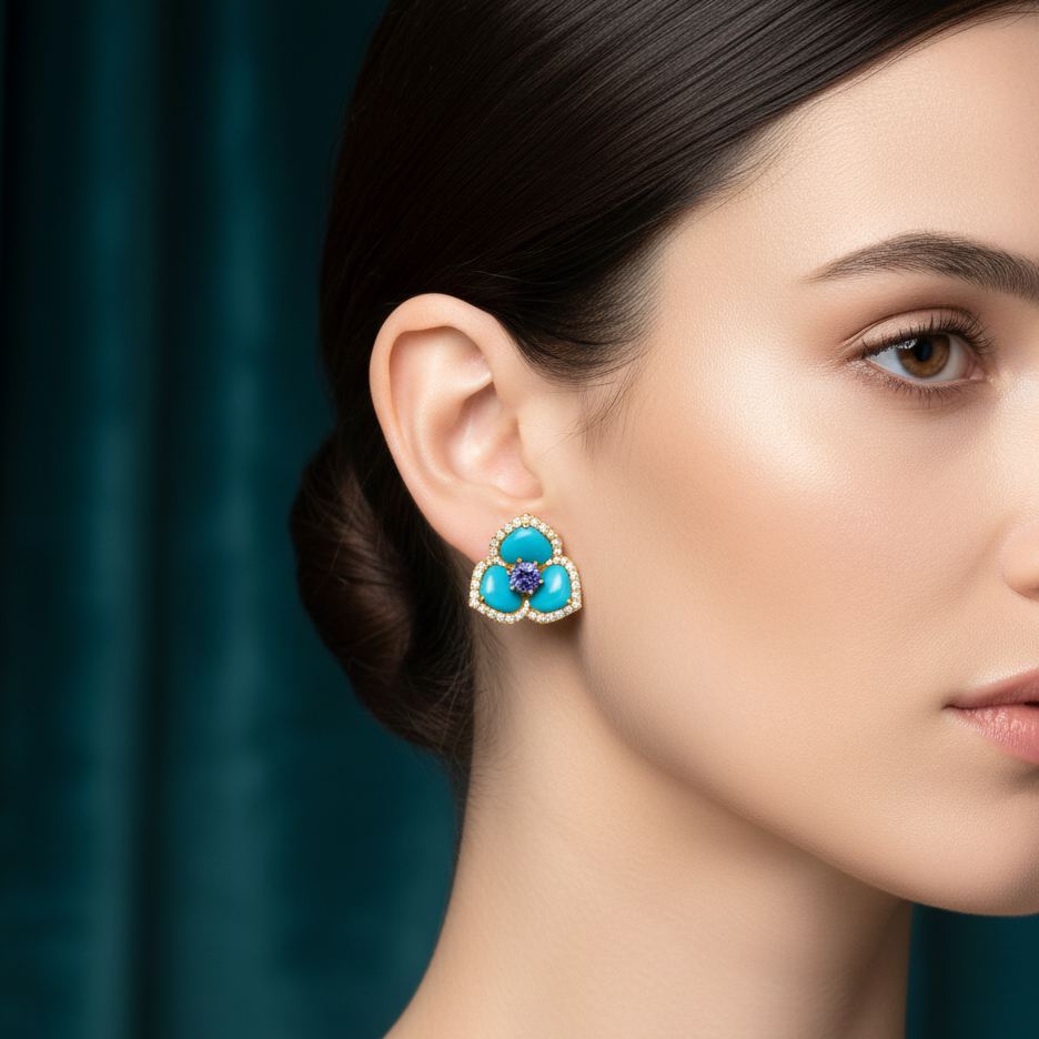 Close-up of a woman wearing a turquoise earring with a dark blue background Turquoise and sapphire statement floral earrings on model – fine gold jewelry