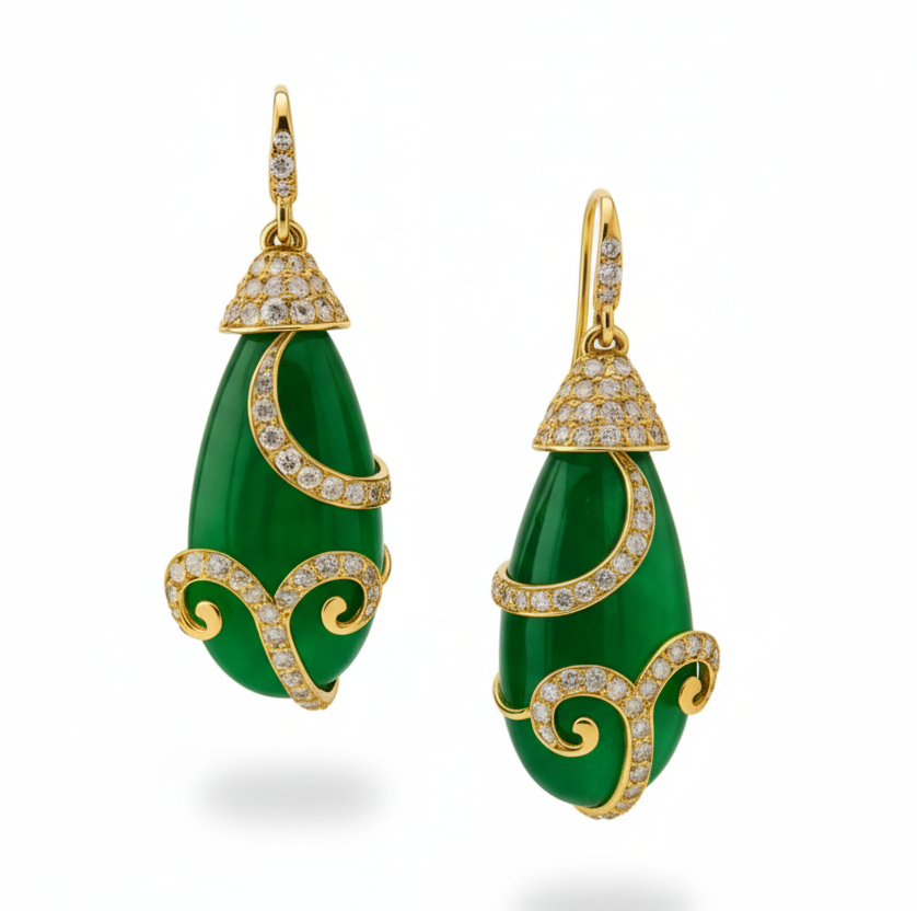 Green teardrop earrings with gold and diamond accents on a white background 18K gold emerald and diamond drop earrings flatlay – luxury fine jewelry by Tresor Collection