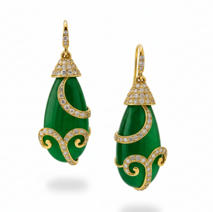 Green teardrop earrings with gold and diamond accents on a white background 18K gold emerald and diamond drop earrings flatlay – luxury fine jewelry by Tresor Collection