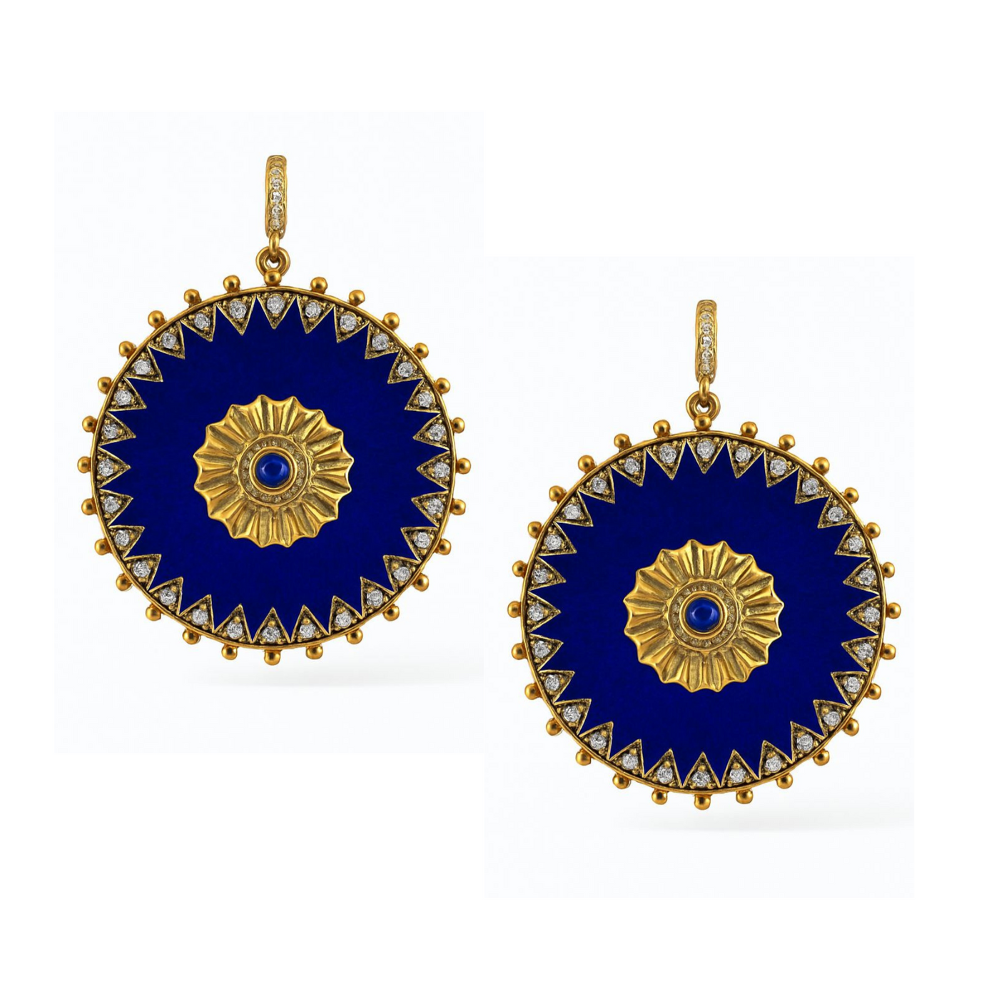 Pair of gold and blue earrings on a white background