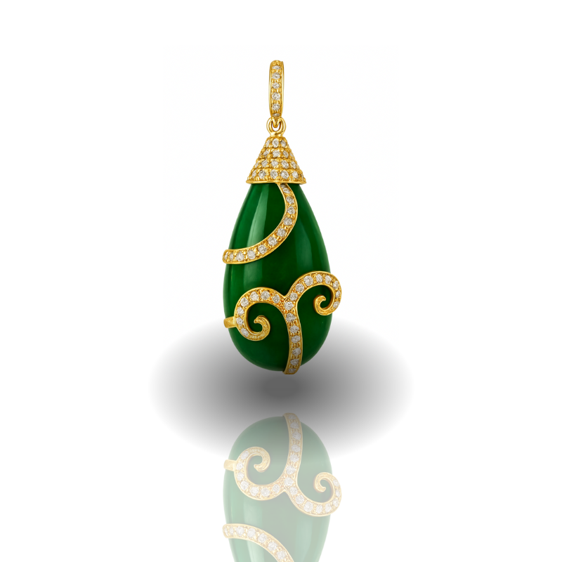 Green teardrop pendant with gold accents on a white background