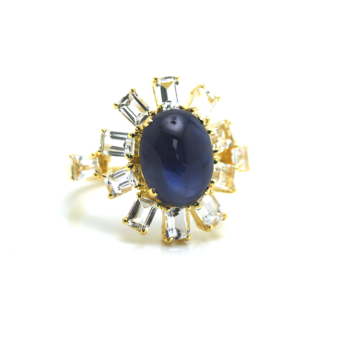 Blue Sapphire And White Topaz Rings In 18K Yellow Gold - Tresor Collection Top view of Blue Sapphire and Diamond halo ring – designer handcrafted gemstone jewelry