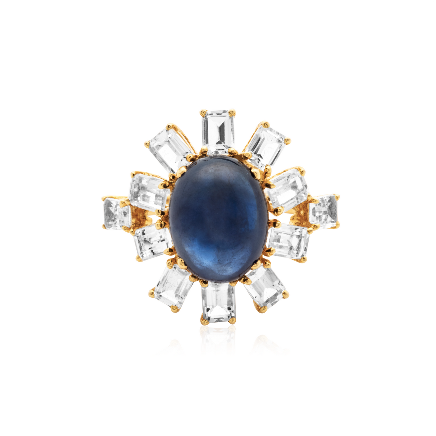 18K Gold Blue Sapphire & White Topaz Ring by Tresor Collection 18K gold Blue Sapphire and Diamond statement ring flatlay – handcrafted luxury jewelry by Tresor Collection