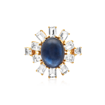 18K Gold Blue Sapphire & White Topaz Ring by Tresor Collection 18K gold Blue Sapphire and Diamond statement ring flatlay – handcrafted luxury jewelry by Tresor Collection