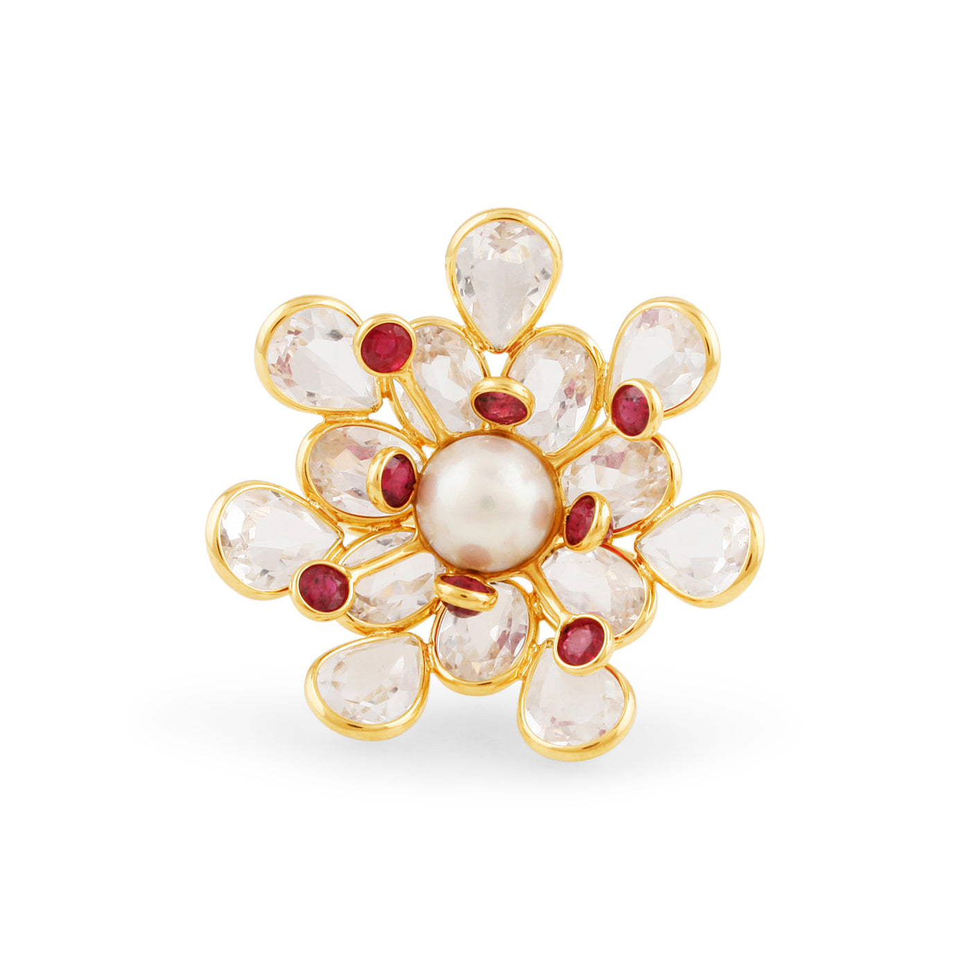 Blue Sapphire, White Sapphire And Pearl Flower Ring In 18K Yellow Gold