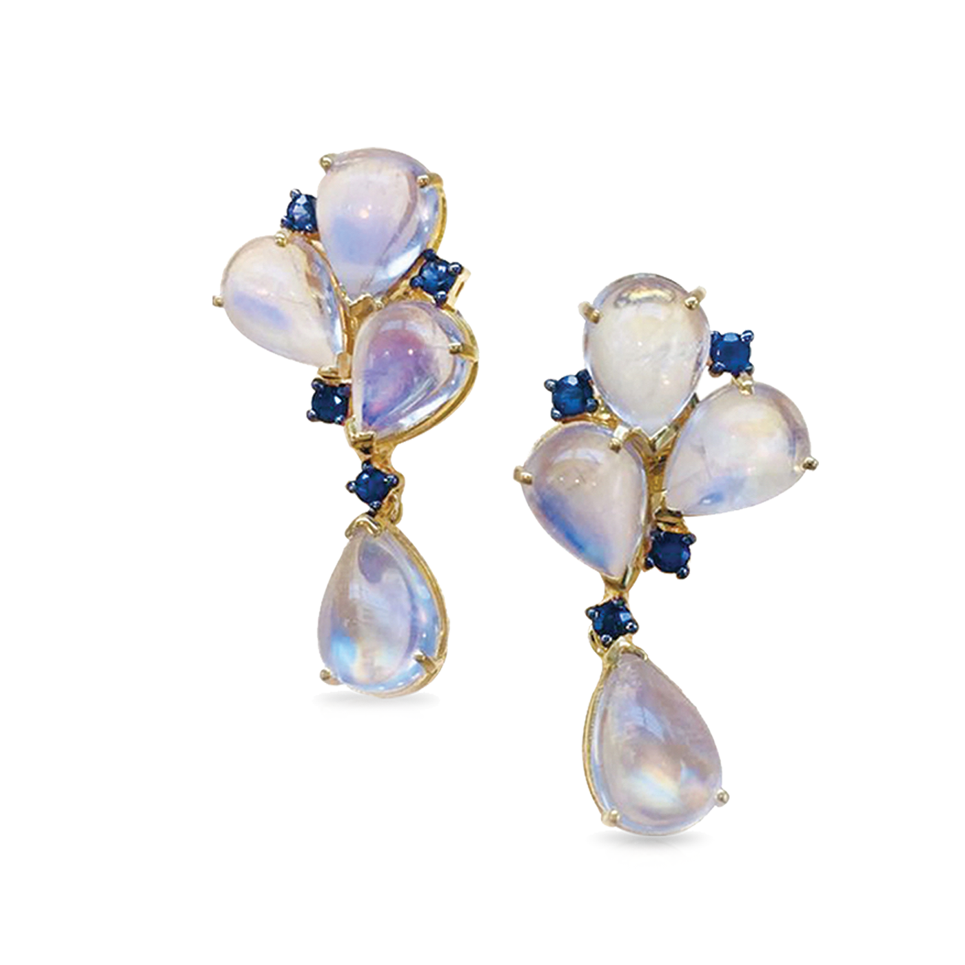 Rainbow Moonstone And Blue Sapphire Earring In 18K Yellow Gold