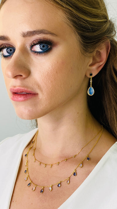 Blue Sapphire Round, Rainbow Moonstone Pear Shape And Diamond Earring In 18K Yellow Gold - Tresor Collection Elegant Rainbow Moonstone and Blue Sapphire drop earrings worn on model – fine handcrafted gemstone jewelry