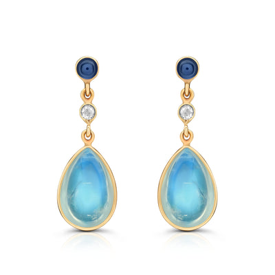 Blue Sapphire Round, Rainbow Moonstone Pear Shape And Diamond Earring In 18K Yellow Gold
