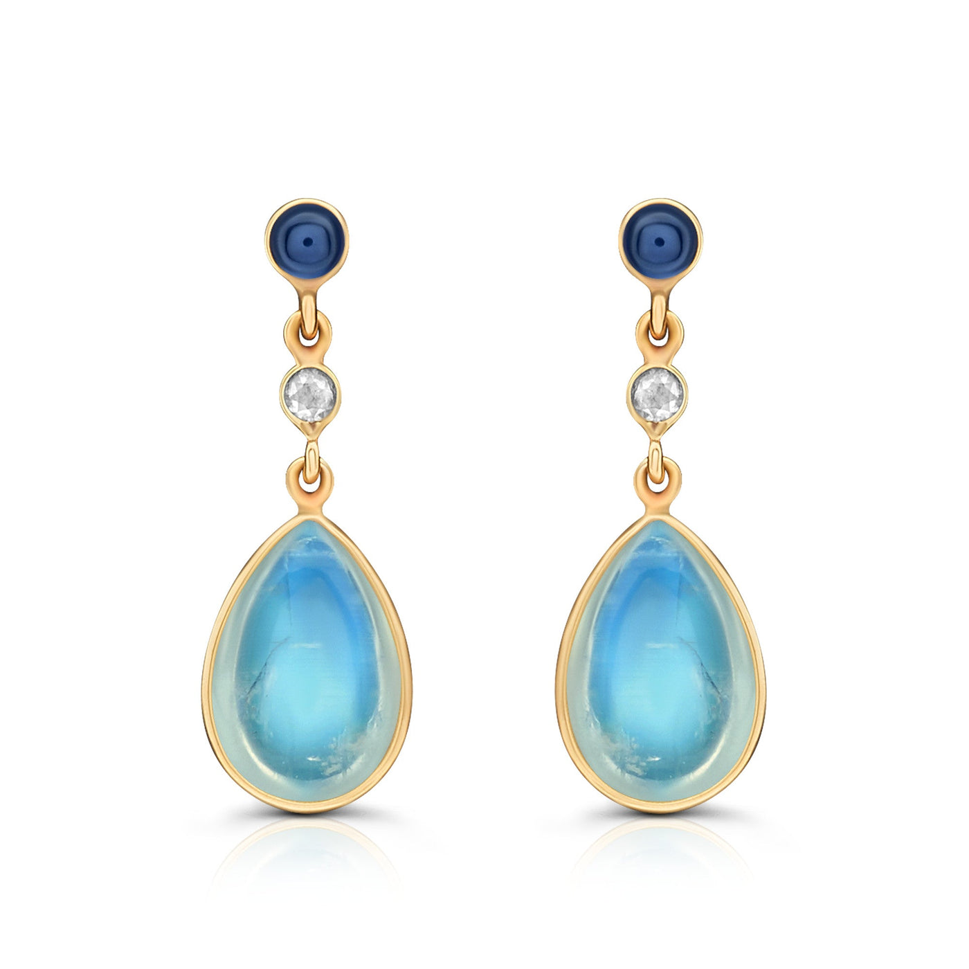 18K Gold Blue Sapphire, Rainbow Moonstone & Diamond Earrings by Tresor Collection