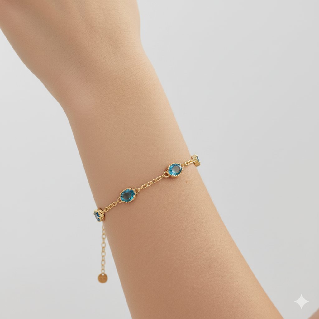 Blue Aquamarine Bracelet ideal for March month babies, gemstone bracelet by Tresor collection
Gemstone Bracelet Range by Tresor collection.
Fin collection by tresor collection 
Chain Bracelet-fin Collection
Station Bracelet in Fin Collection of Tresor  Collection