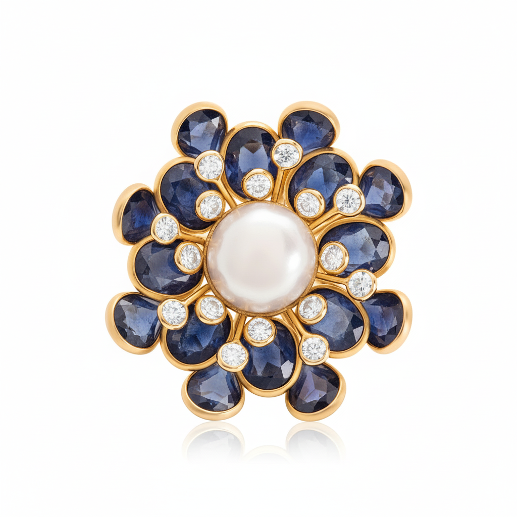 Jewelry item with blue stones and a pearl center on a white background