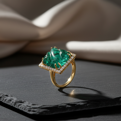 Gold ring with a large green gemstone on a dark surface
