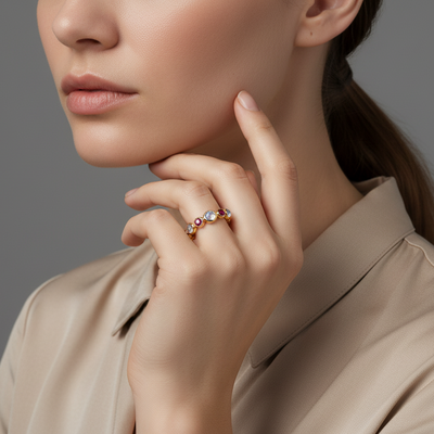 Woman wearing a ring with a gray background