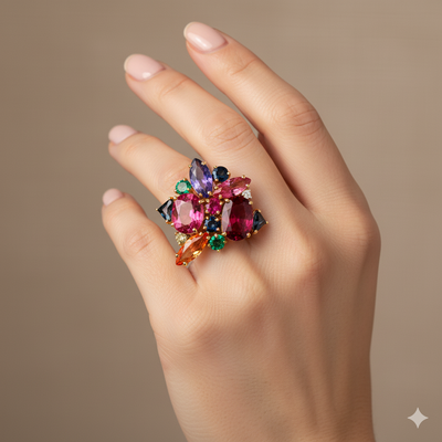 Hand wearing a colorful gemstone ring against a neutral background