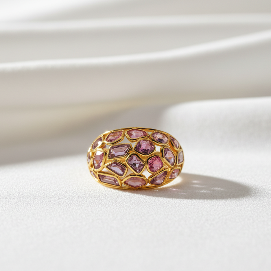 Gold ring with pink gemstones on a white surface