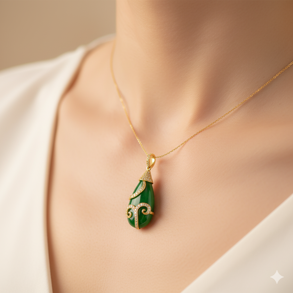 Green teardrop pendant necklace on a mannequin with a beige background