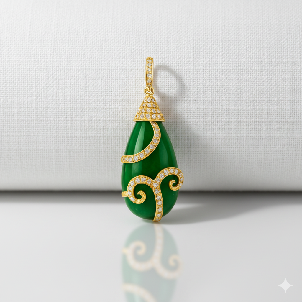 Green teardrop pendant with gold accents on a light gray background