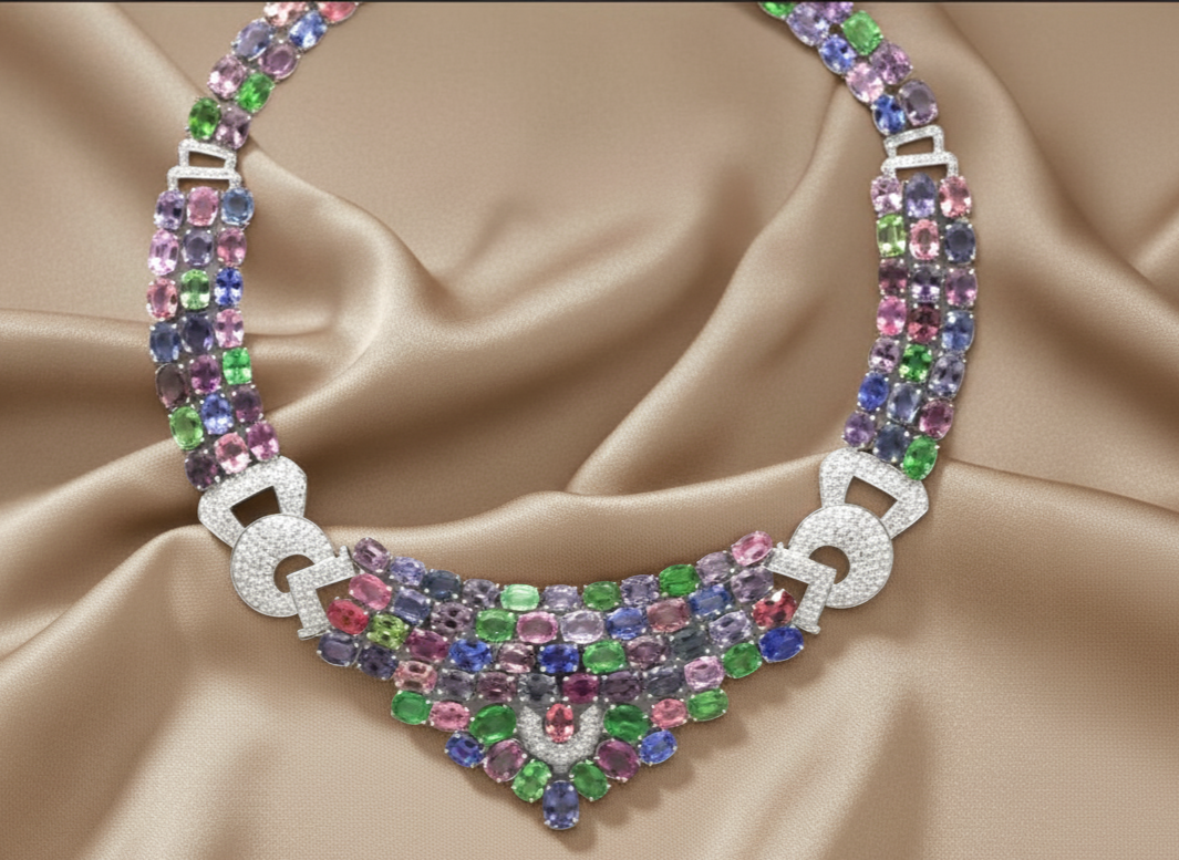 Multicolored gemstone necklace on a beige fabric background