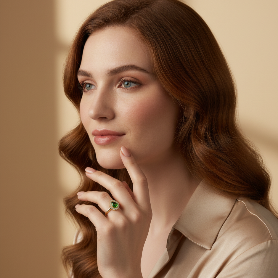 Woman wearing a green ring on a beige background